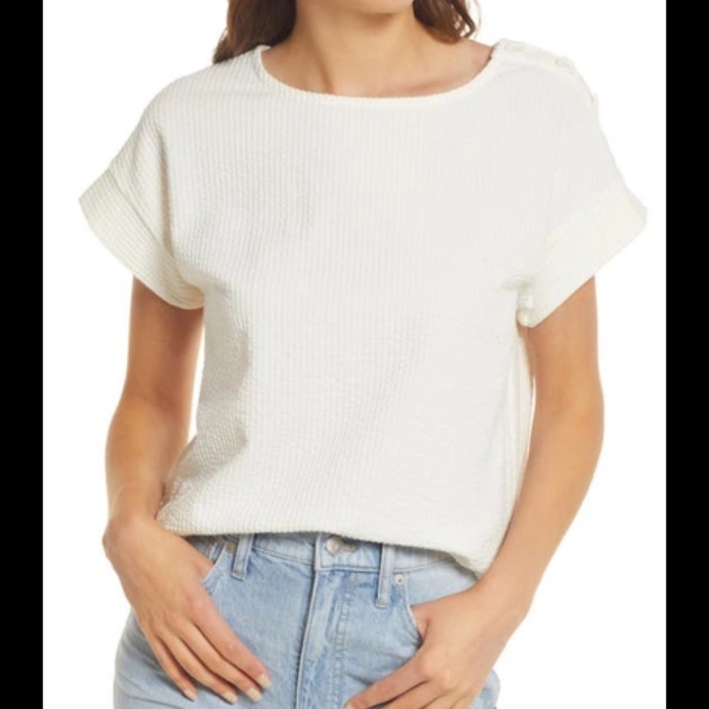 Madewell Seersucker Button Shoulder  White Textured Top
